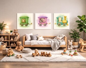 Alpaca, Anteater and Sloth Train Wagon Wall Art Set – Printable Woodland Nursery Decor – Watercolor Animal Train 3-Pack Digital Download
