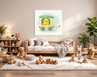 Chick Nursery Wall Art Printable – Farm Baby Room Decor, Watercolor Animal Train Print, Digital Download