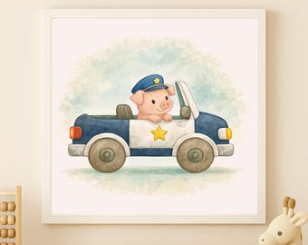 Watercolor Pig Police Car Wall Art Printable – Kids Room Decor (Digital Download)
