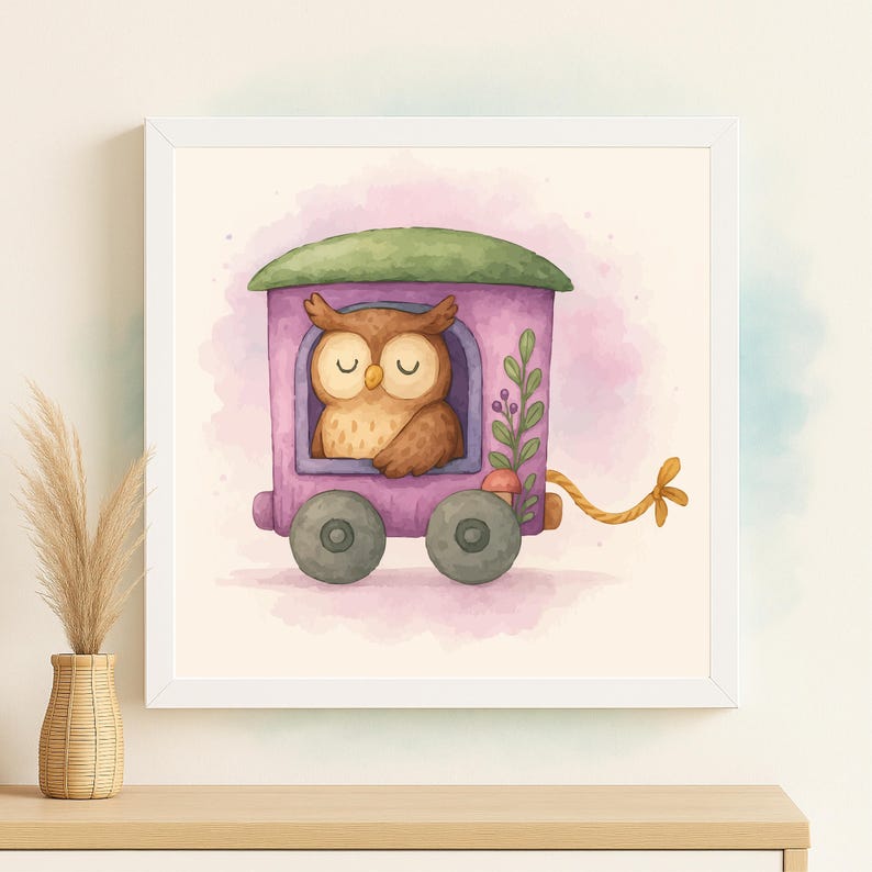 May include: Watercolor illustration of a brown owl inside a purple train car with green roof and gray wheels. The artwork has a whimsical style with a soft, pastel background and is framed in a white square frame.