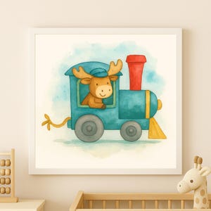 May include: Watercolor illustration of a blue train with a smiling moose wearing a blue cap. The train has a red smokestack and yellow accents. The artwork is framed in a white square frame, perfect for a nursery or child's room.