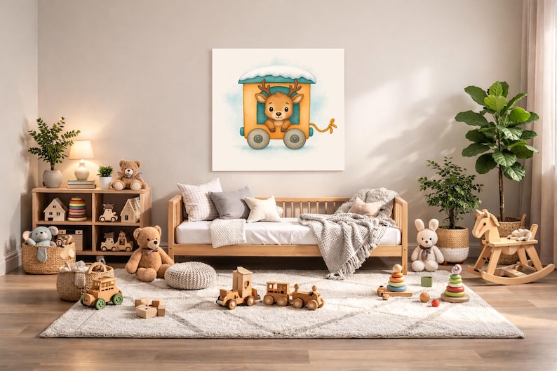 K&ouml;nnte beinhalten: Ein Aquarellgem&auml;lde eines Rentiers in einem Zugwagen mit schneebedecktem Dach. Das Kunstwerk wird &uuml;ber einem h&ouml;lzernen Tagesbett mit Kissen und einer Decke ausgestellt. Der Raum ist mit Spielzeug dekoriert, darunter ein Schaukelpferd und Holzeisenbahnen.
