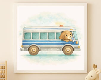 Watercolor Dog Bus Wall Art Printable – Kids Room Decor (Digital Download)