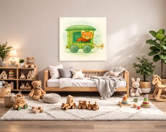 Red Panda Nursery Wall Art Printable – Rainforest Baby Room Decor, Watercolor Animal Train Print, Digital Download