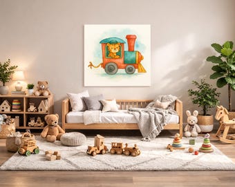 Tiger Nursery Wall Art Printable – Rainforest Baby Room Decor, Watercolor Animal Train Print, Digital Download