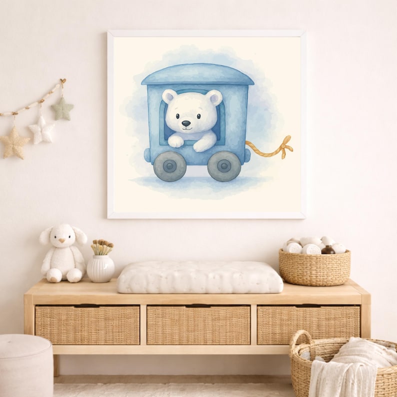 May include: Watercolor illustration of a white bear in a blue train car. The artwork is framed in a white square frame. The background is a soft, light blue wash. The train car has two wheels and a yellow rope.