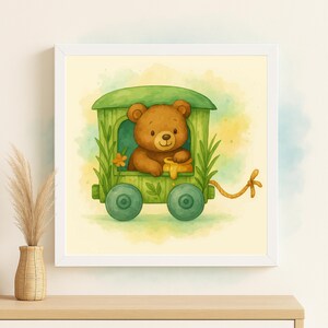 May include: Watercolor illustration of a brown teddy bear in a green train car. The train car has green wheels and is decorated with leaves and flowers. The bear is holding a pot of honey. The artwork is framed in a white square frame.