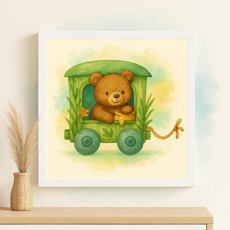 May include: Watercolor illustration of a brown teddy bear in a green train car. The train car has green wheels and is decorated with leaves and flowers. The bear is holding a pot of honey. The artwork is framed in a white square frame.