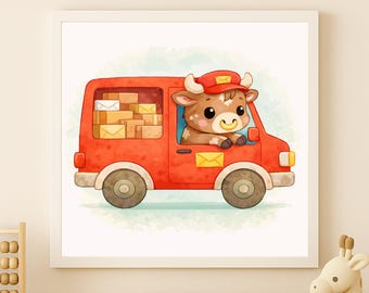 Watercolor Bull Mail Delivery Van Wall Art Printable – Kids Room Decor (Digital Download)