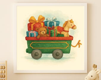 Watercolor Christmas Presents Train Wagon Print: Nursery Kids Room Decor (Digital Download)