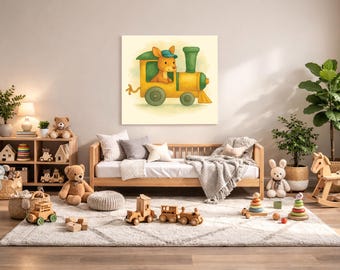 Kangaroo Nursery Wall Art Printable – Safari Baby Room Decor, Watercolor Animal Train Print, Digital Download