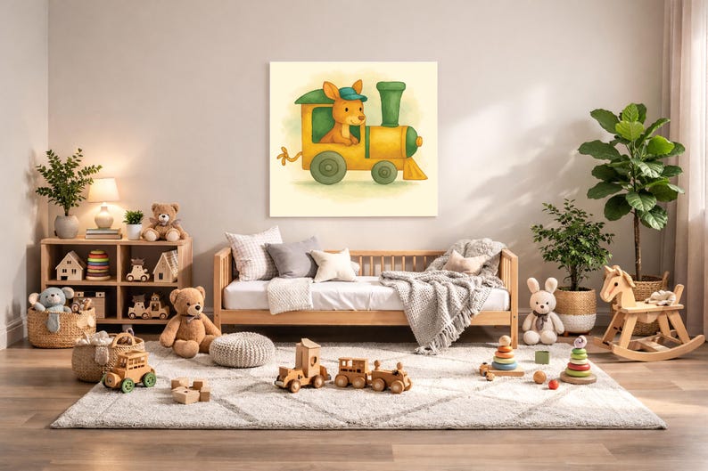 Kangaroo Nursery Wall Art Printable – Safari Baby Room Decor, Watercolor Animal Train Print, Digital Download image 1