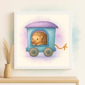 May include: Watercolor illustration of a hedgehog in a blue train car with a purple roof. The hedgehog is looking out the window. The train car has two gray wheels and a yellow tail. The artwork is framed in a white square frame.