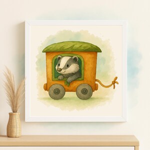 May include: A framed watercolor print of a badger in a train car. The train car is orange with a green roof and gray wheels. The badger is gray and white, peeking out of the window. The artwork is set against a soft, watercolor background.
