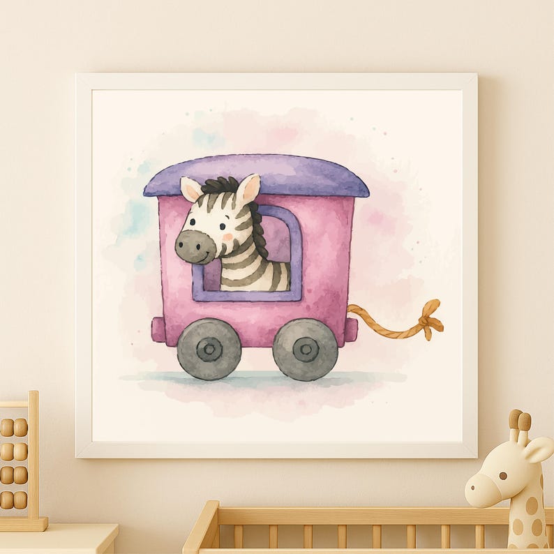 May include: Watercolor illustration of a zebra in a pink train car with a purple roof. The artwork is framed in a white square frame. The background has soft watercolor washes of pink and blue.