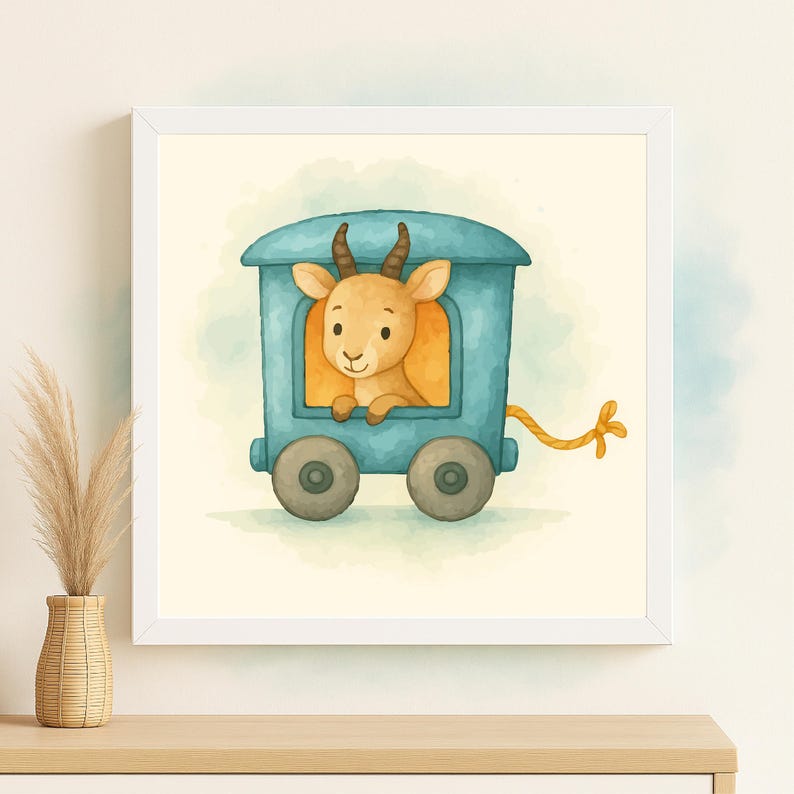May include: A watercolor illustration of a cute goat in a blue train car. The goat has brown fur and small horns. The train car has two wheels and a yellow rope. The artwork is framed in a white square frame.