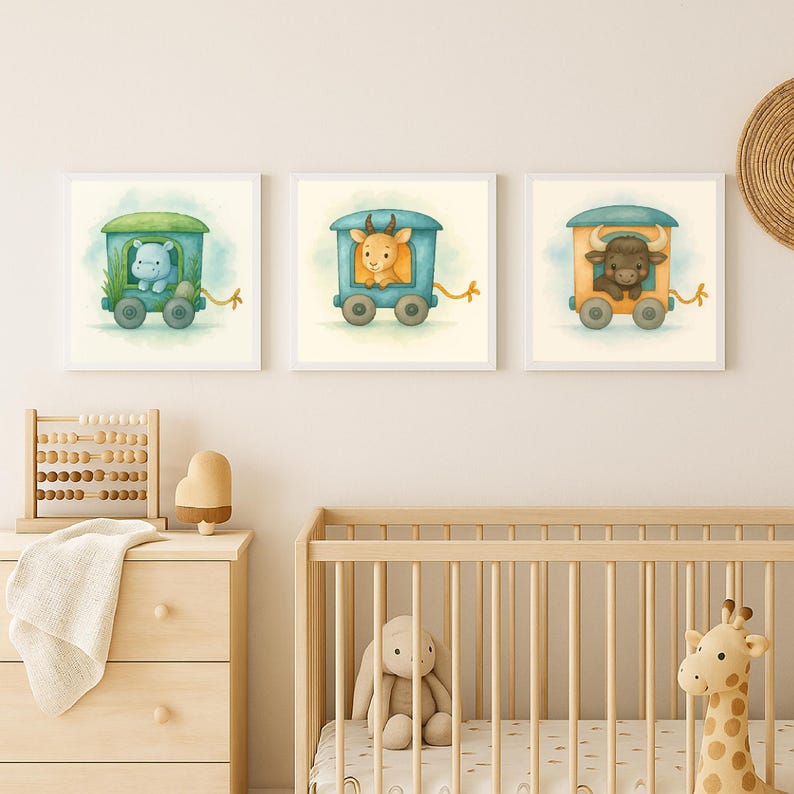 May include: Three framed watercolor prints featuring animals in train cars. The first print shows a hippo in a green car, the second a goat in a blue car, and the third a bull in an orange car. Each print has a white border and is set against a cream background.