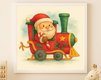 Watercolor Santa Locomotive Print: Scandinavian Nursery Art (Digital Download)