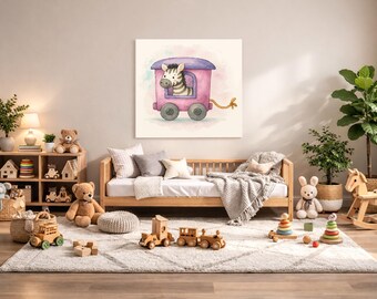 Zebra Nursery Wall Art Printable – Safari Baby Room Decor, Watercolor Animal Train Print, Digital Download