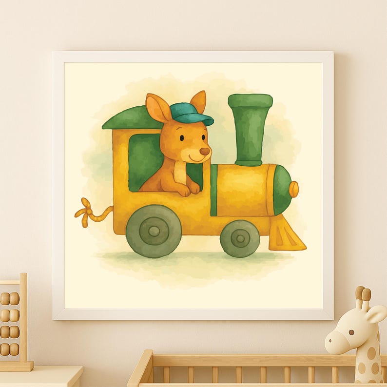 May include: Watercolor illustration of a kangaroo wearing a blue cap, driving a yellow and green train. The artwork is framed in a white square frame, perfect for a nursery or children's room. The overall theme is playful and whimsical.