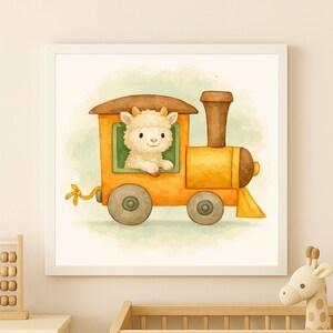 May include: A framed watercolor print of a whimsical train with an adorable llama passenger. The train is painted in shades of orange and brown, with a green window frame. The llama is fluffy and white, adding a touch of charm to this children's artwork.