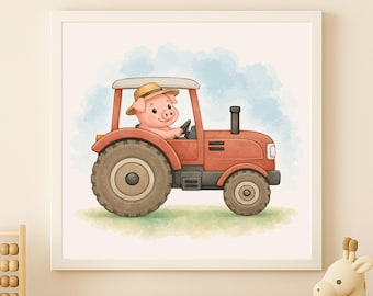 Watercolor Pig Tractor Wall Art Printable – Kids Room Decor (Digital Download)