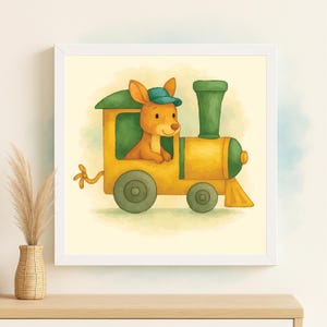 May include: A framed watercolor print features a cartoon kangaroo wearing a blue cap, driving a yellow and green train. The artwork has a whimsical style, perfect for a child's room or nursery. The train has green accents and a yellow smokestack.
