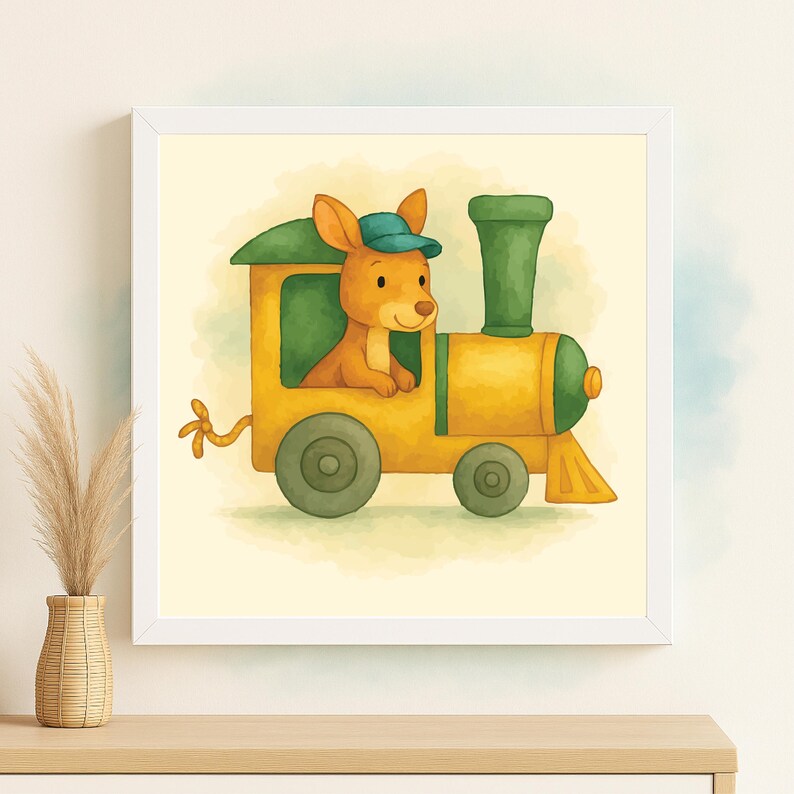 May include: A framed watercolor print features a cartoon kangaroo wearing a blue cap, driving a yellow and green train. The artwork has a whimsical style, perfect for a child's room or nursery. The train has green accents and a yellow smokestack.