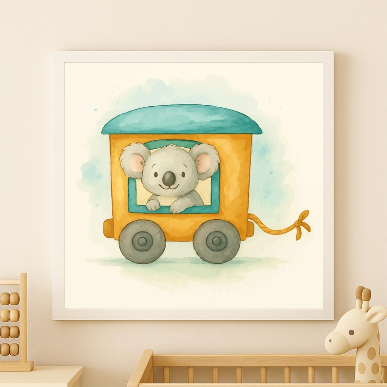 May include: Watercolor illustration of a koala in a yellow train car with a blue roof. The koala is looking out the window. The train has gray wheels and a yellow rope. The artwork is framed in a white square frame.