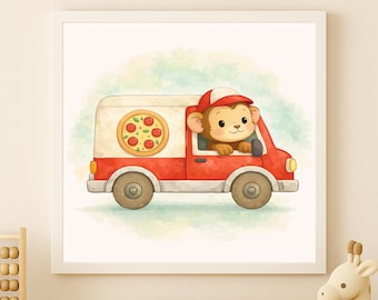 Watercolor Monkey Pizza Delivery Truck Wall Art Printable – Kids Room Decor (Digital Download)