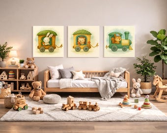 Squirrel, Hedgehog & Hare Train Wall Art Set – Printable Woodland Nursery Decor – Watercolor Animal Train 3-Pack Digital Download