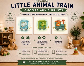 Choose Any 3 Animal Train Prints | Custom Nursery Wall Art Bundle | Printable Kids Room Decor | Digital Download