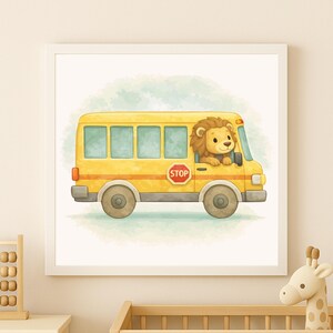 May include: Watercolor illustration of a yellow school bus with a friendly lion driver. The bus has a red stop sign and is set against a light blue and green watercolor background. The image is framed in a white square.
