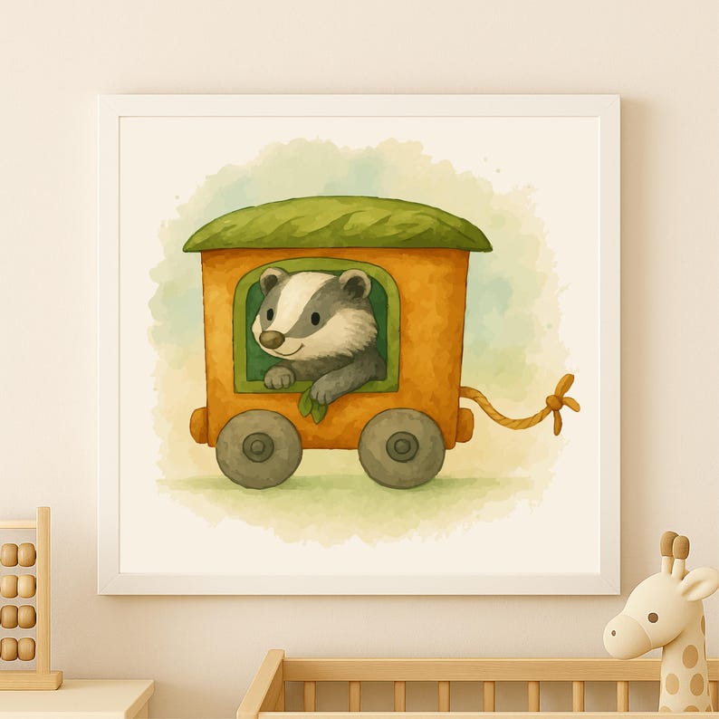 May include: Watercolor illustration of a badger in an orange train car with a green roof. The badger is looking out the window. The train car has two gray wheels and a rope attached. The background is a light green and yellow watercolor wash.