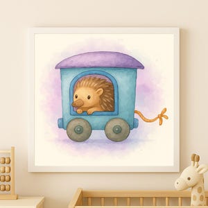 May include: A watercolor illustration of a cute hedgehog peeking out of a blue train car with a purple roof. The train has gray wheels and an orange rope. The background has a soft pink and purple watercolor wash.
