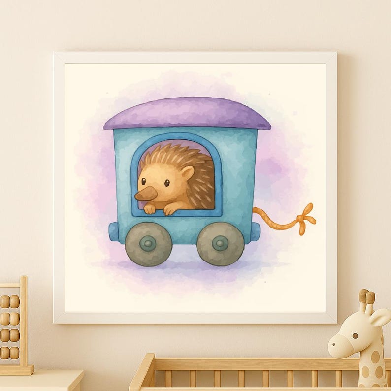 May include: A watercolor illustration of a cute hedgehog peeking out of a blue train car with a purple roof. The train has gray wheels and an orange rope. The background has a soft pink and purple watercolor wash.