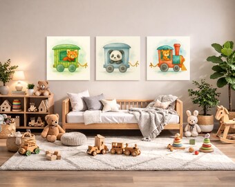 Tiger, Panda and Red Panda Train Wagon Wall Art Set – Printable Woodland Nursery Decor – Watercolor Animal Train 3-Pack Digital Download