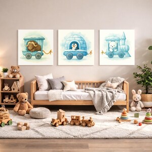 May include: Three square watercolor art prints featuring whimsical animal train cars. The prints depict a bison, penguin, and polar bear in blue train cars. The room also includes a wooden bed, toys, and a rocking horse, creating a playful nursery theme.
