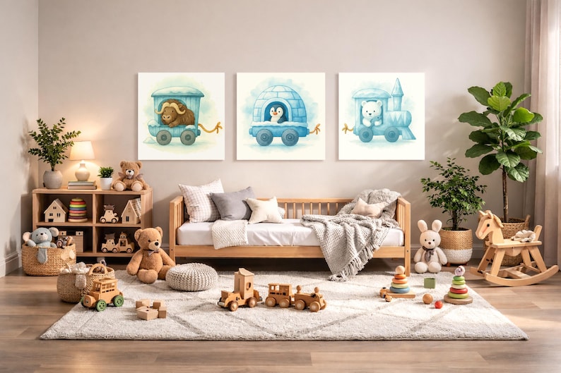 May include: Three square watercolor art prints featuring whimsical animal train cars. The prints depict a bison, penguin, and polar bear in blue train cars. The room also includes a wooden bed, toys, and a rocking horse, creating a playful nursery theme.