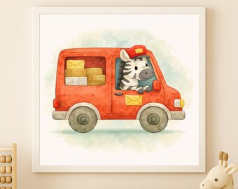 Watercolor Postman Zebra Print – Kids Room Wall Art (Digital Download)