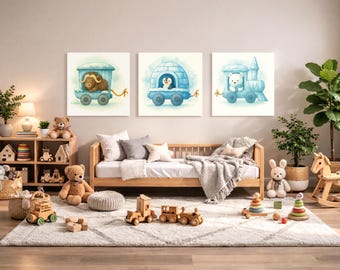 Polar Bear, Pinguin & Mosk Train Wagon Wall Art Set – Printable Woodland Nursery Decor – Watercolor Animal Train 3-Pack Digital Download