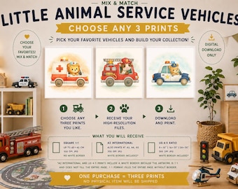 Choose Any 3 Animal Vehicle Prints | Nursery Wall Art Bundle | Printable Kids Room Decor | Digital Download