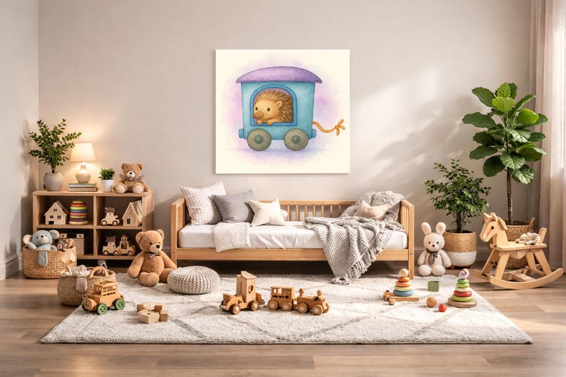 Echidna Nursery Wall Art Printable – Woodland Baby Room Decor, Watercolor Animal Train Print, Digital Download image 1