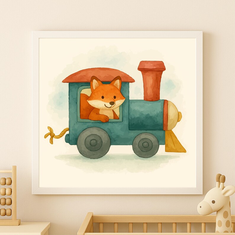 May include: Watercolor illustration of a friendly fox riding a blue train. The train has a red roof and smokestack, with yellow and orange accents. The artwork is framed in a white square frame, perfect for a nursery or child's room.