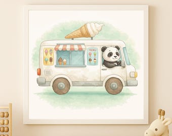 Watercolor Icecreamtruck Panda Print – Kids Room Wall Art (Digital Download)