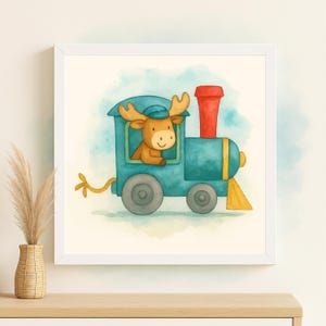 May include: Watercolor illustration of a cartoon moose driving a blue train. The moose is wearing a blue hat and has large antlers. The train has a red smokestack and yellow accents. The artwork is framed in a white square frame.