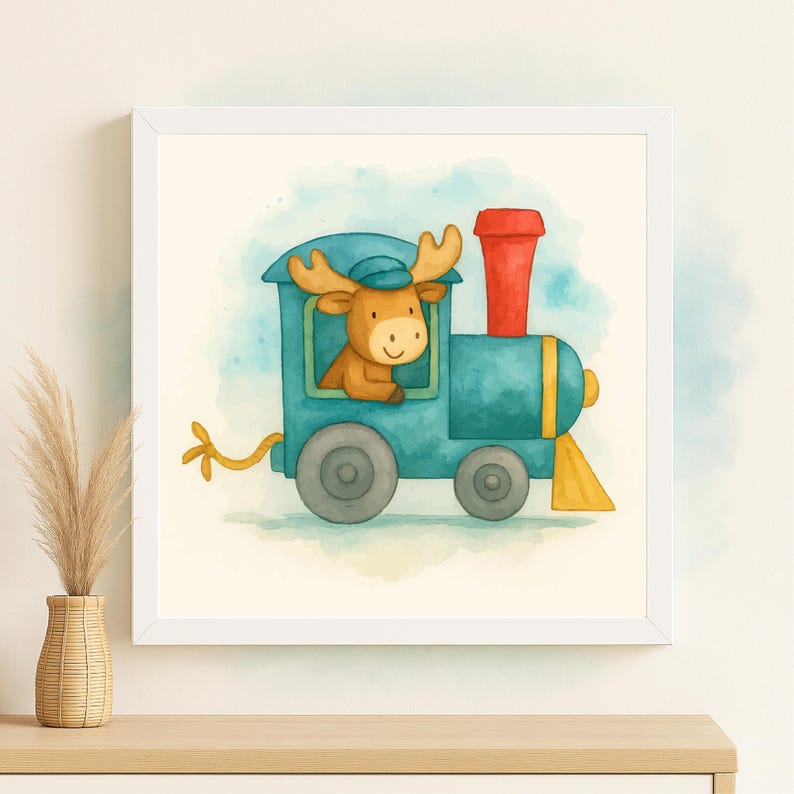May include: Watercolor illustration of a cartoon moose driving a blue train. The moose is wearing a blue hat and has large antlers. The train has a red smokestack and yellow accents. The artwork is framed in a white square frame.