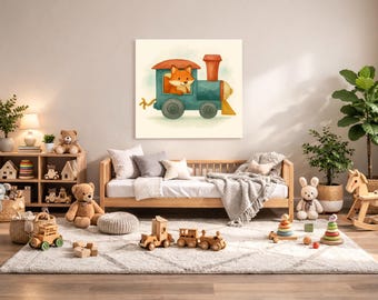 Fox Nursery Wall Art Printable – Woodland Baby Room Decor, Watercolor Animal Train Print, Digital Download
