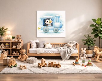 Puffin Nursery Wall Art Printable – Arctic Baby Room Decor, Watercolor Animal Train Print, Digital Download