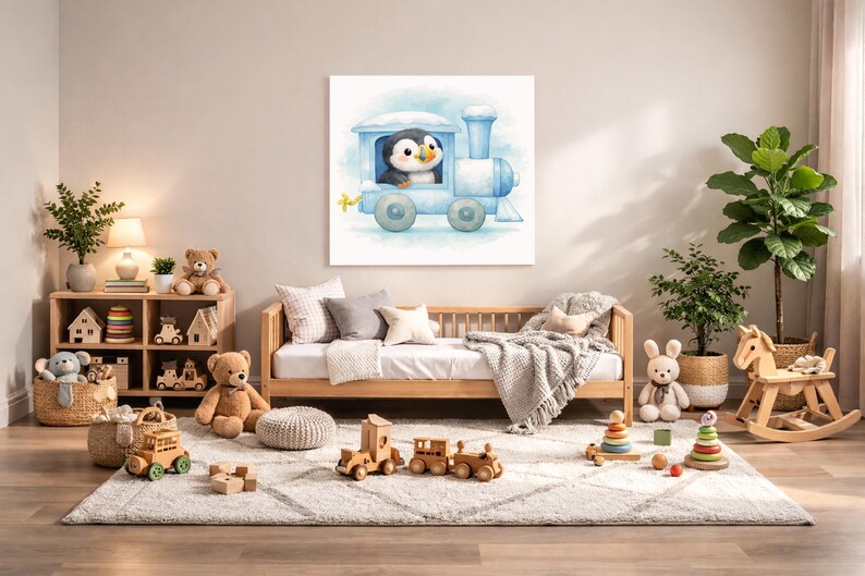 K&ouml;nnte beinhalten: Ein Aquarellgem&auml;lde eines blauen Spielzeugzugs mit einem Pinguinfahrer. Der Zug befindet sich auf wei&szlig;em Hintergrund. Der Raum ist mit Holzspielzeug, einem Holzbett und einem Schaukelpferd dekoriert.
